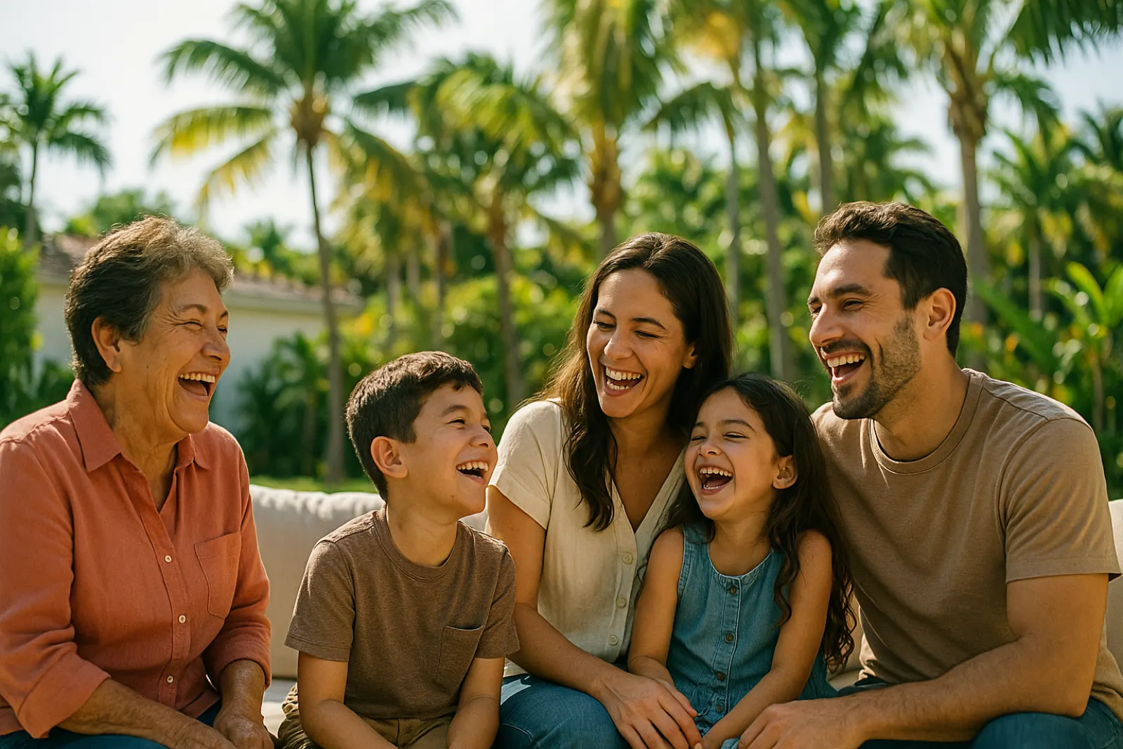 Familia hispana de tres generaciones riendo en Miami