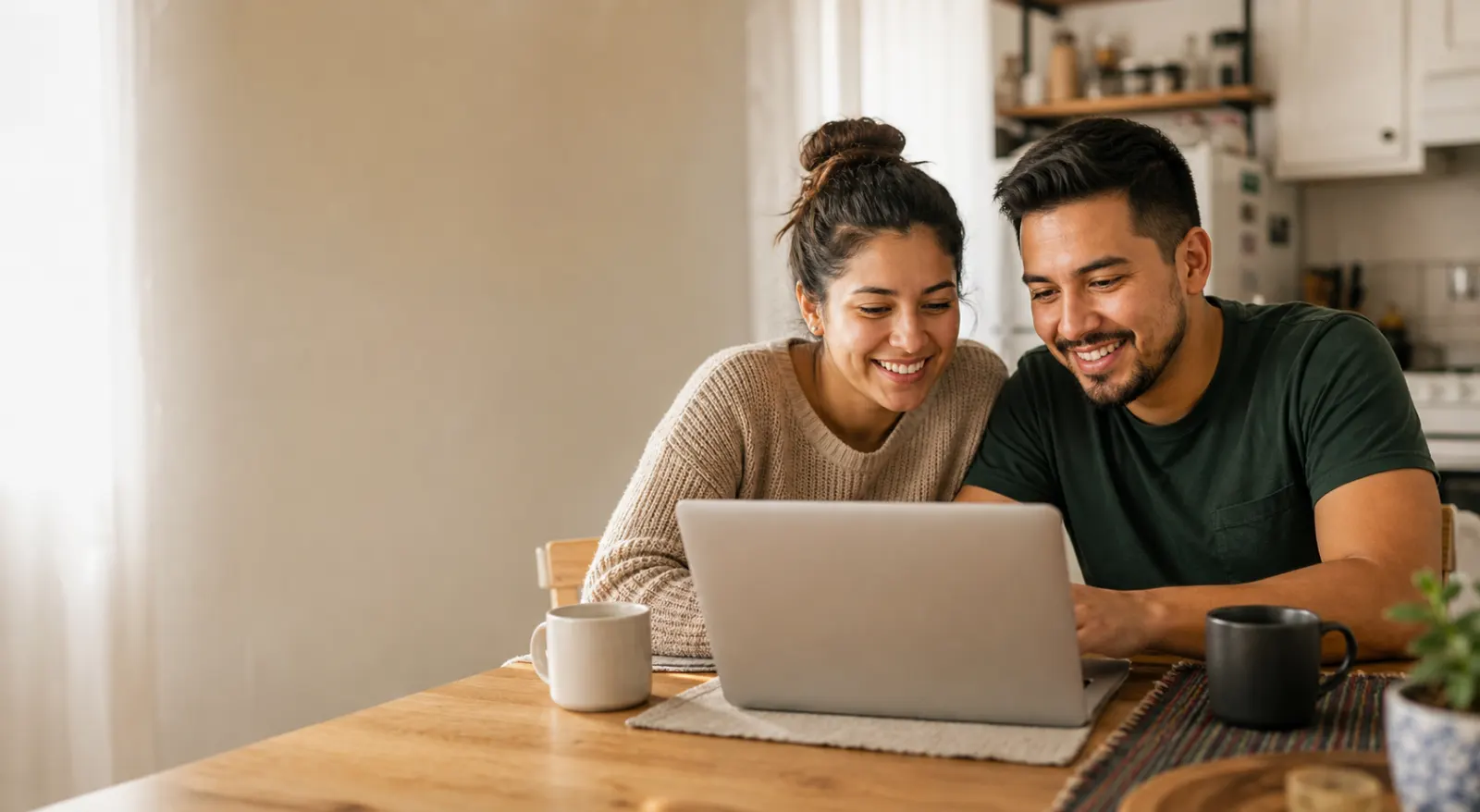 Pareja revisando su elegibilidad en la computadora