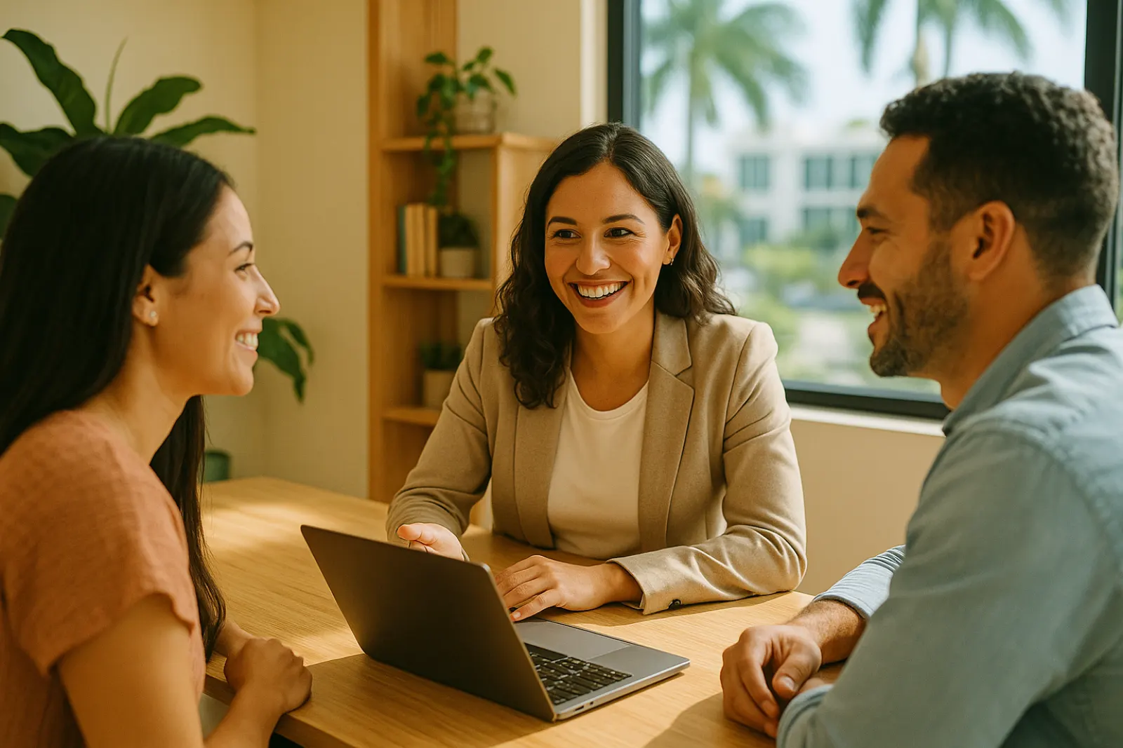 Agente de La Familia Insurance atendiendo a una pareja
